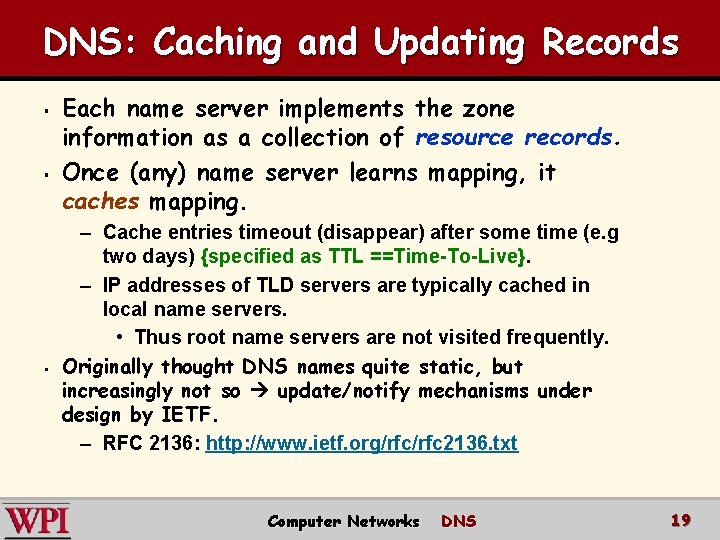 DNS: Caching and Updating Records § § § Each name server implements the zone