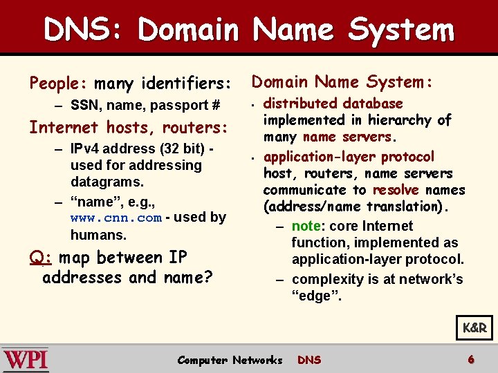 DNS: Domain Name System People: many identifiers: – SSN, name, passport # Domain Name