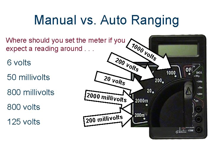 Manual vs. Auto Ranging Where should you set the meter if you 10 00