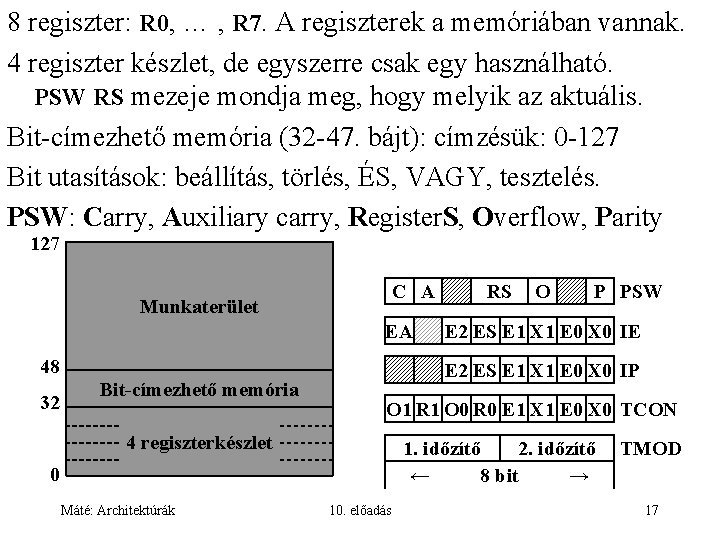 8 regiszter: R 0, … , R 7. A regiszterek a memóriában vannak. 4