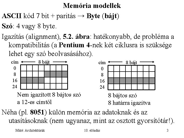 Memória modellek ASCII kód 7 bit + paritás → Byte (bájt) Szó: 4 vagy