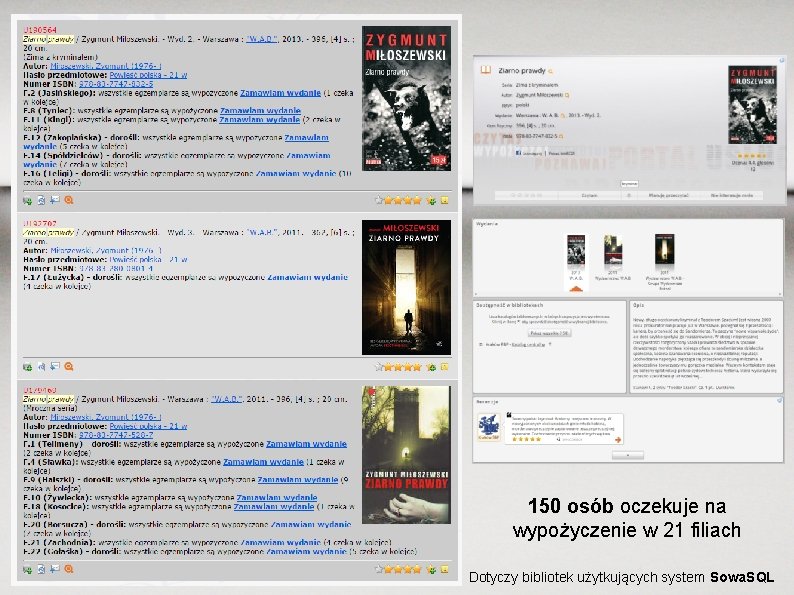 150 osób oczekuje na wypożyczenie w 21 filiach Dotyczy bibliotek użytkujących system Sowa. SQL