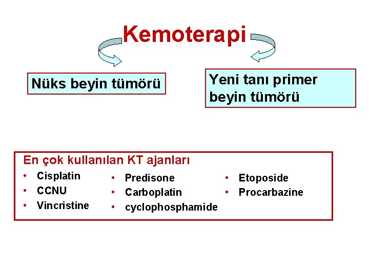 Kemoterapi Nüks beyin tümörü Yeni tanı primer beyin tümörü En çok kullanılan KT ajanları