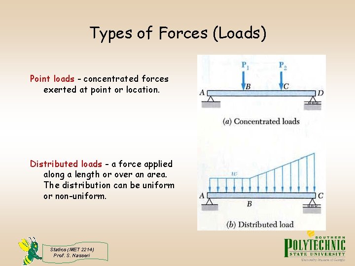 Types of Forces (Loads) Point loads - concentrated forces exerted at point or location.