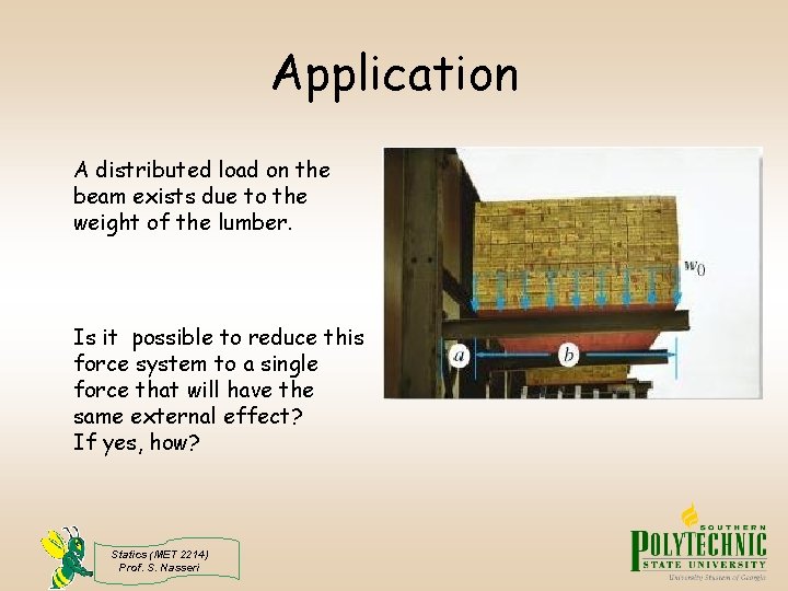 Application A distributed load on the beam exists due to the weight of the