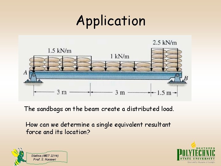 Application The sandbags on the beam create a distributed load. How can we determine