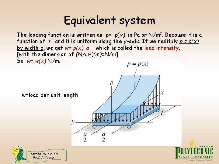 Equivalent system The loading function is written as p= p(x) in Pa or N/m