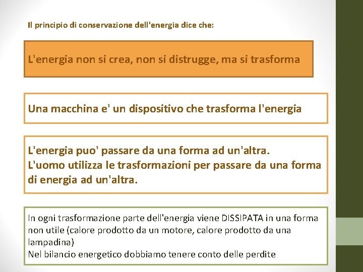 Il principio di conservazione dell'energia dice che: L'energia non si crea, non si distrugge,