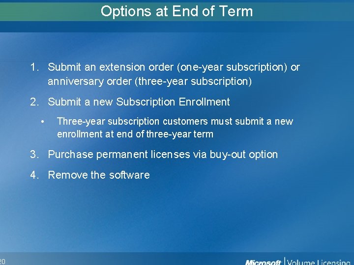 20 Options at End of Term 1. Submit an extension order (one-year subscription) or 20 Options at End of Term 1. Submit an extension order (one-year subscription) or