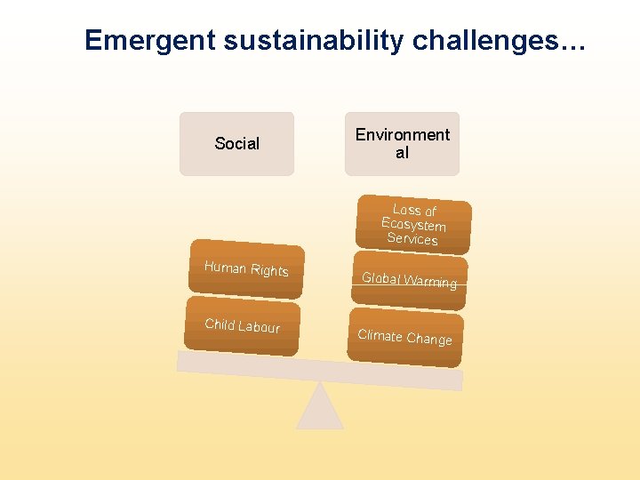 Emergent sustainability challenges… Social Environment al Loss of Ecosystem Services Human Rights Child Labour