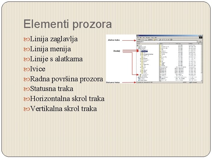 Elementi prozora Linija zaglavlja Linija menija Linije s alatkama Ivice Radna površina prozora Statusna