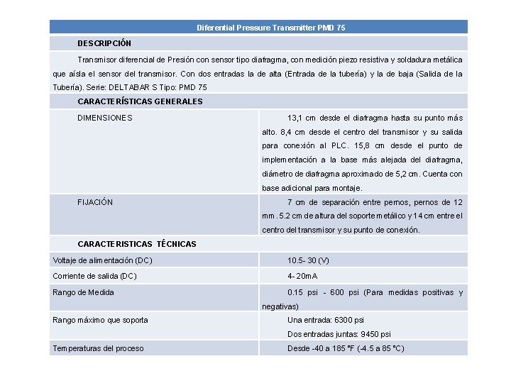 Diferential Pressure Transmitter PMD 75 DESCRIPCIÓN Transmisor diferencial de Presión con sensor tipo diafragma,