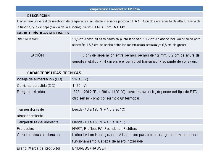 Temperature Transmitter TMT 142 DESCRIPCIÓN Transmisor universal de medición de temperatura, ajustable mediante protocolo