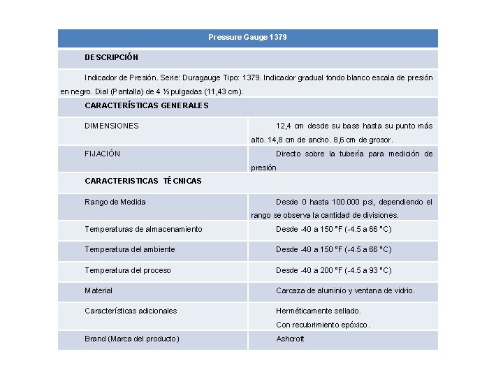 Pressure Gauge 1379 DESCRIPCIÓN Indicador de Presión. Serie: Duragauge Tipo: 1379. Indicador gradual fondo