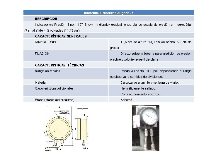 Diferential Pressure Gauge 1127 DESCRIPCIÓN Indicador de Presión. Tipo: 1127 Shown. Indicador gradual fondo