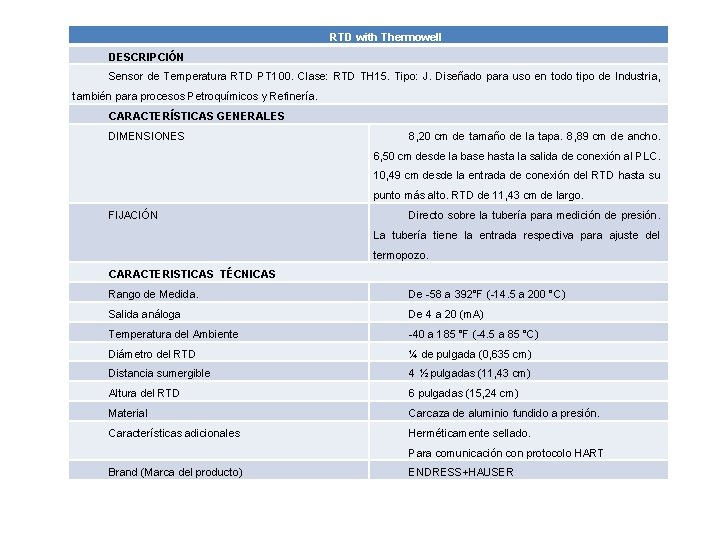 RTD with Thermowell DESCRIPCIÓN Sensor de Temperatura RTD PT 100. Clase: RTD TH 15.