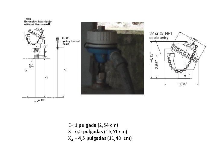 E= 1 pulgada (2, 54 cm) X= 6, 5 pulgadas (16, 51 cm) XA