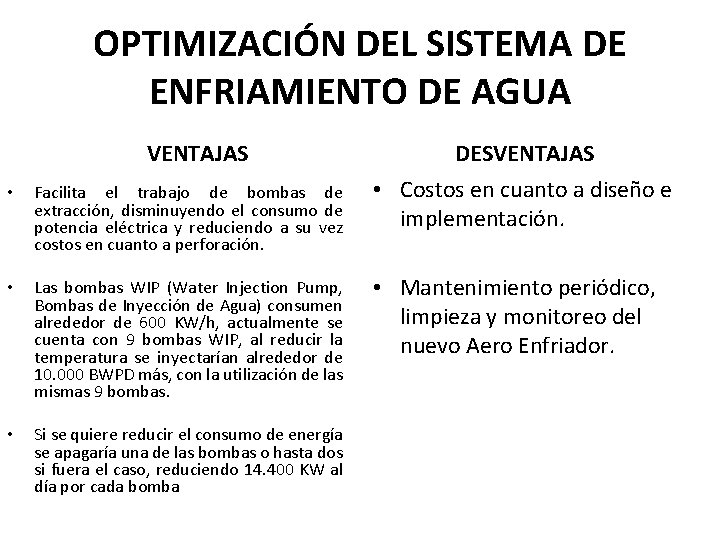 OPTIMIZACIÓN DEL SISTEMA DE ENFRIAMIENTO DE AGUA VENTAJAS DESVENTAJAS • Facilita el trabajo de