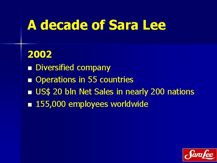 A decade of Sara Lee 2002 n n Diversified company Operations in 55 countries