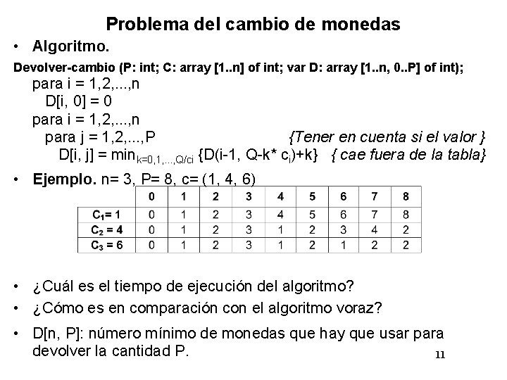 Problema del cambio de monedas • Algoritmo. Devolver-cambio (P: int; C: array [1. .