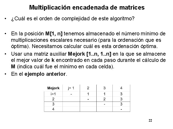 Multiplicación encadenada de matrices • ¿Cuál es el orden de complejidad de este algoritmo?