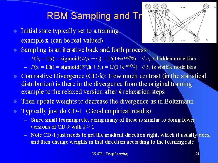 RBM Sampling and Training Initial state typically set to a training example x (can