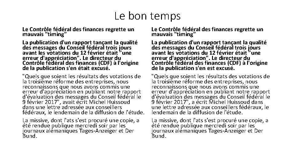 Le bon temps Le Contrôle fédéral des finances regrette un mauvais "timing" La publication