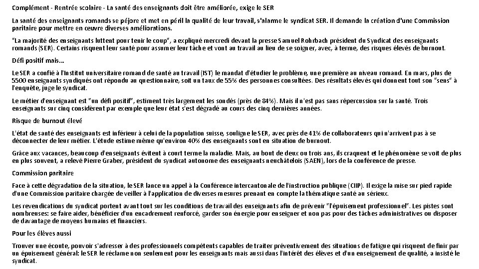 Complément - Rentrée scolaire - La santé des enseignants doit être améliorée, exige le