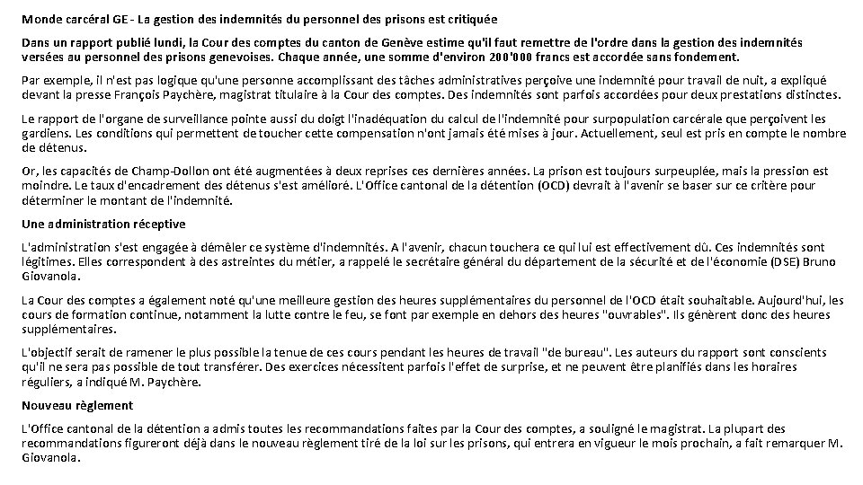 Monde carcéral GE - La gestion des indemnités du personnel des prisons est critiquée