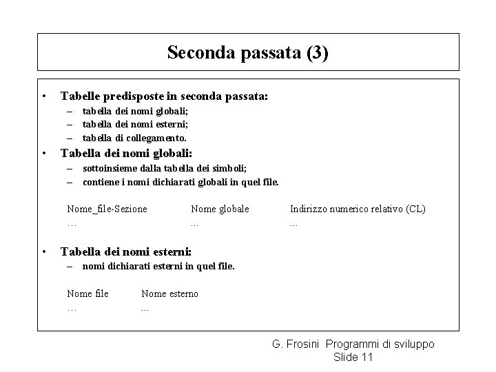 Seconda passata (3) • Tabelle predisposte in seconda passata: – tabella dei nomi globali;