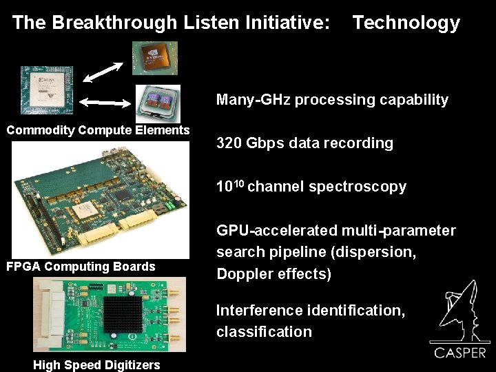 The Breakthrough Listen Initiative: Technology Many-GHz processing capability Commodity Compute Elements 320 Gbps data