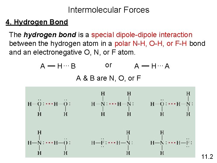 Intermolecular Forces 4. Hydrogen Bond The hydrogen bond is a special dipole-dipole interaction between