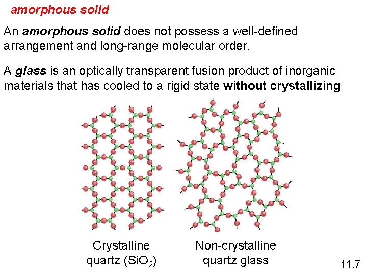 amorphous solid An amorphous solid does not possess a well-defined arrangement and long-range molecular