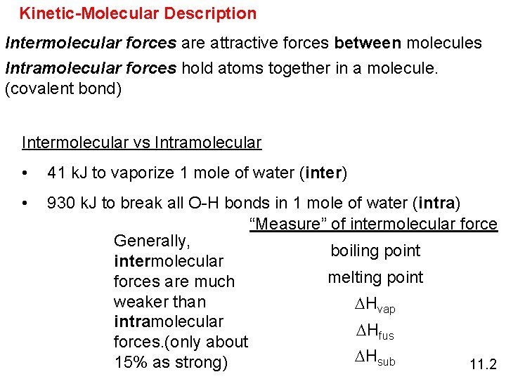 Kinetic-Molecular Description Intermolecular forces are attractive forces between molecules Intramolecular forces hold atoms together