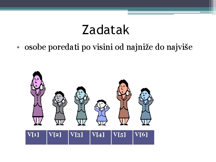 Zadatak • osobe poredati po visini od najniže do najviše V[1] V[2] V[3] V[4]