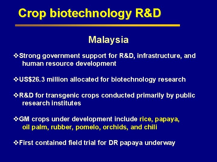 Crop biotechnology R&D Malaysia v. Strong government support for R&D, infrastructure, and human resource