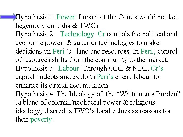 Hypothesis 1: Power: Impact of the Core’s world market hegemony on India & TWCs Hypothesis 1: Power: Impact of the Core’s world market hegemony on India & TWCs