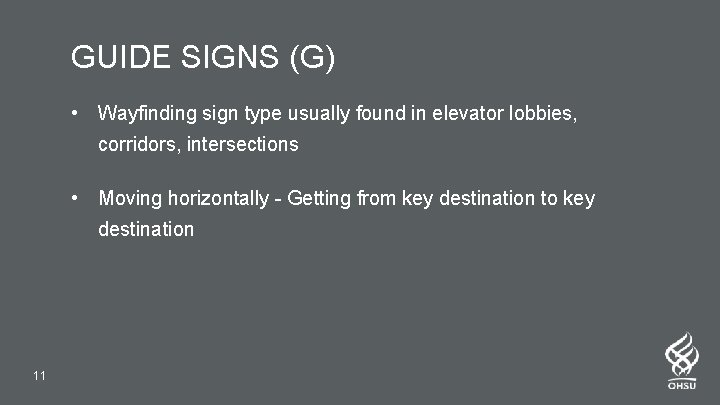 GUIDE SIGNS (G) • Wayfinding sign type usually found in elevator lobbies, corridors, intersections