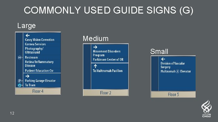 COMMONLY USED GUIDE SIGNS (G) Large Medium Small 12 