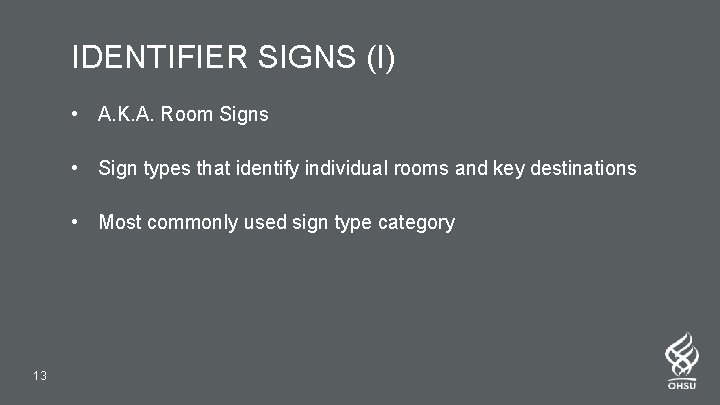 IDENTIFIER SIGNS (I) • A. K. A. Room Signs • Sign types that identify