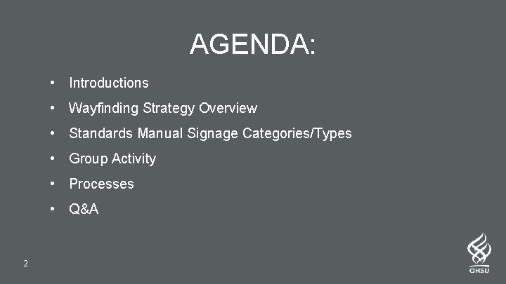 AGENDA: • Introductions • Wayfinding Strategy Overview • Standards Manual Signage Categories/Types • Group