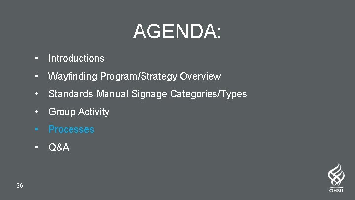 AGENDA: • Introductions • Wayfinding Program/Strategy Overview • Standards Manual Signage Categories/Types • Group