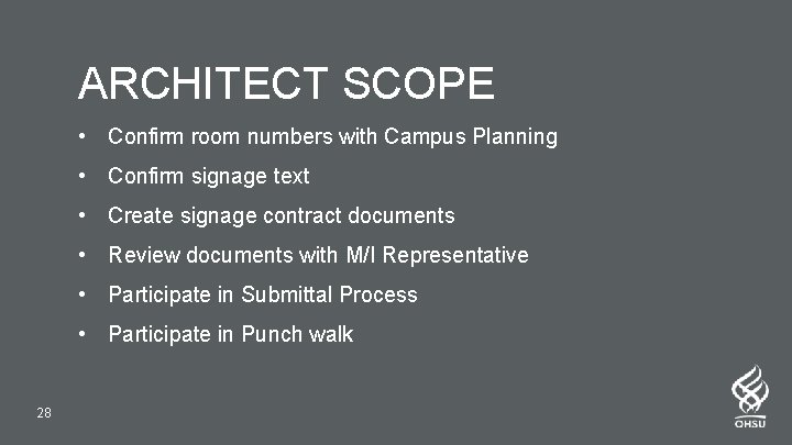 ARCHITECT SCOPE • Confirm room numbers with Campus Planning • Confirm signage text •