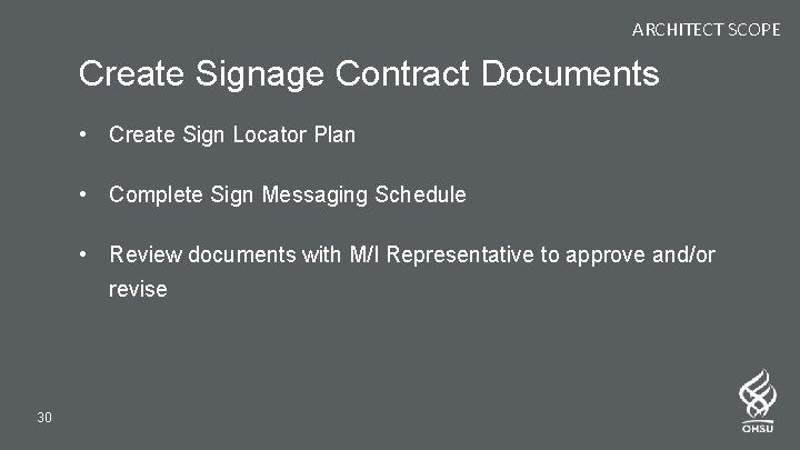 ARCHITECT SCOPE Create Signage Contract Documents • Create Sign Locator Plan • Complete Sign