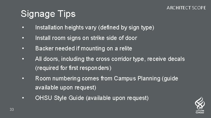 Signage Tips ARCHITECT SCOPE • Installation heights vary (defined by sign type) • Install