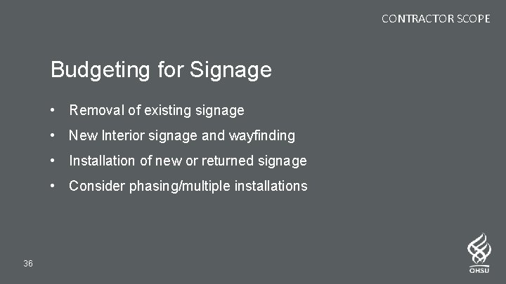 CONTRACTOR SCOPE Budgeting for Signage • Removal of existing signage • New Interior signage