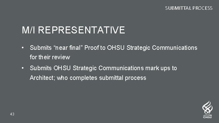 SUBMITTAL PROCESS M/I REPRESENTATIVE • Submits “near final” Proof to OHSU Strategic Communications for