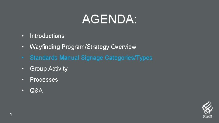 AGENDA: • Introductions • Wayfinding Program/Strategy Overview • Standards Manual Signage Categories/Types • Group