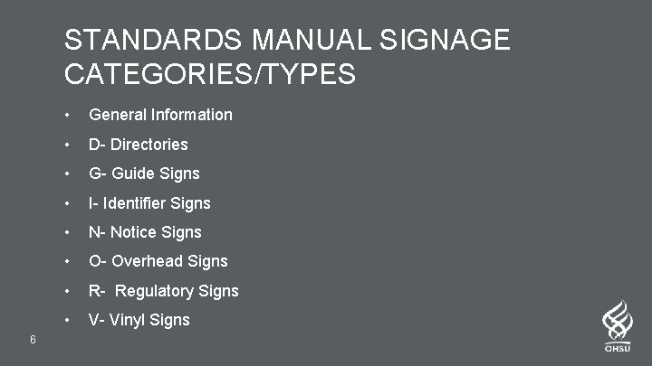STANDARDS MANUAL SIGNAGE CATEGORIES/TYPES 6 • General Information • D- Directories • G- Guide