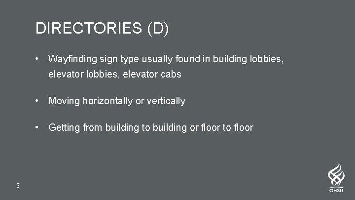 DIRECTORIES (D) • Wayfinding sign type usually found in building lobbies, elevator cabs •